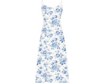 Blue,porcelain,blue china,floral toile,chinoiserie,roses,All-Over Print Women's Split Midi Cami Dress