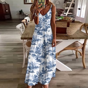 Toile de jouy, blauw porselein, porselein, blauwe wilg, lange jurk met sling enkel