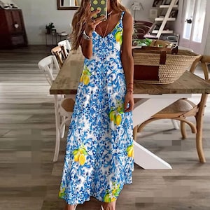 Blue lemon  baroque Italian majolica summer,Sling Ankle Long Dress