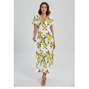 Summer lemon Mediterranean ,V-neck Dress With Side Slit