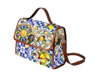 Sicily,Italy inspired,majolica,lemon art,Waterproof Canvas Bag-Brown (All Over Print) (1641)