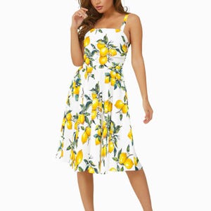 Lemon citrus summer Mediterranean,Sleeveless Square Neck Flare Hem Midi Dress