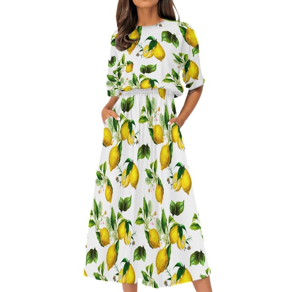 Lemons,citrus,sAll-Over Print Women's Elastic Waist Dress