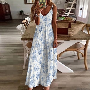 Blauw, porselein, blauw porselein, toile met bloemen, chinoiserie, lange jurk met sling-enkel