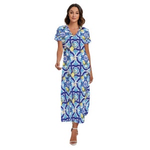 Sicilian tiles,mediterranean,summer,All-Over Print Women&#39;s V-neck Dress With Side Slit