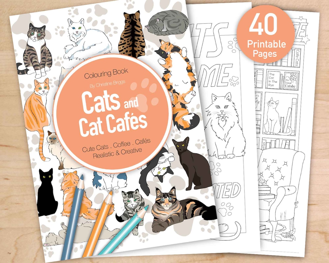 Cat Cafe Coloring Book. 40 Printable Digital PDF Adult Colouring Pages