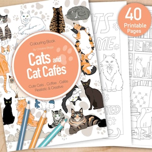 Cat Cafe Coloring Book. 40 Printable Digital PDF Adult Colouring Pages, Coffee Activity Sheets, A4 and US Letter Sizes