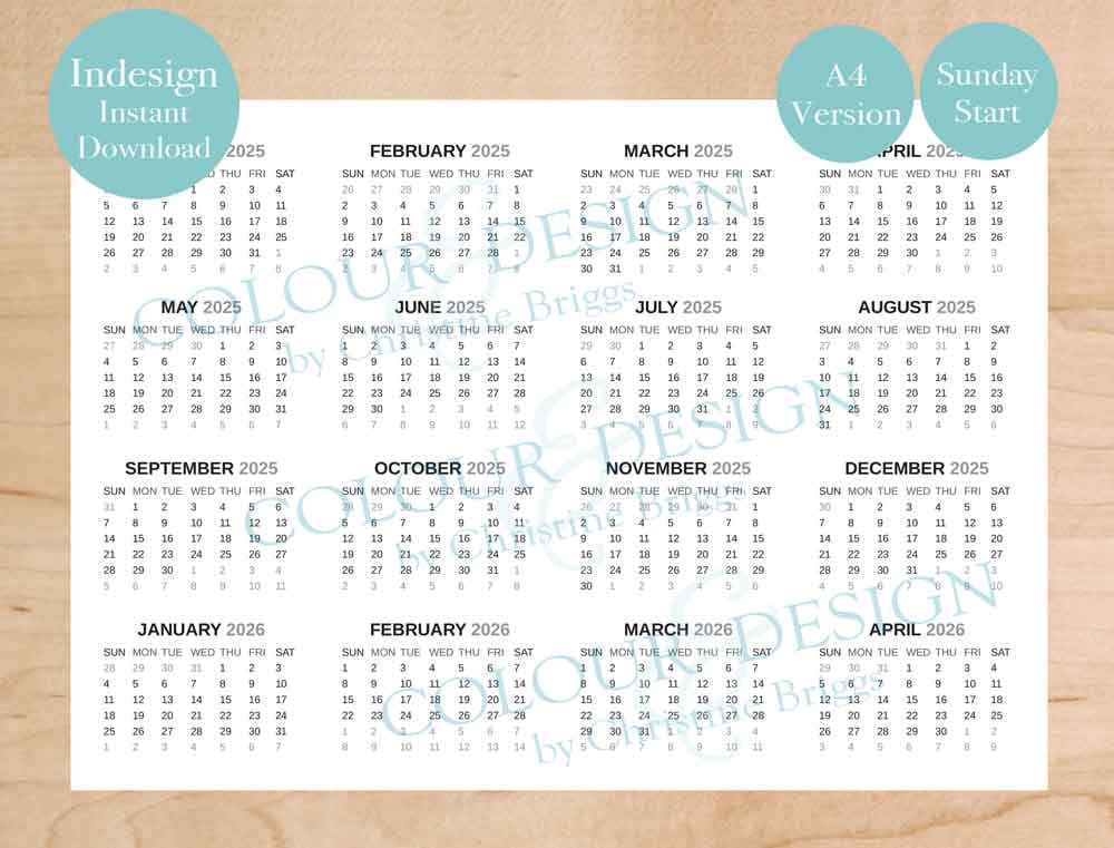Modèle de calendrier annuel Indesign 2025 modifiable. Adobe, début du