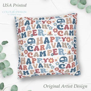 Caravan Throw Pillow, Happy Campers Cushion, RV Interior Decor, Caravan Bedding, Camping Pillow, Glamping Gift, Cover or Cover with Pillow