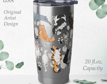 Cat Print Travel Mug. Cute Cat Breeds, Gifts for Cat Lovers, Reusable Iced Coffee Cup with Lid, Insulated Camping Tumbler