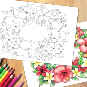 Página para colorear de corona de flores, flores tropicales para imprimir, página para colorear de Navidad, hoja de actividades de verano con lei hawaiano, tamaños A4 y carta