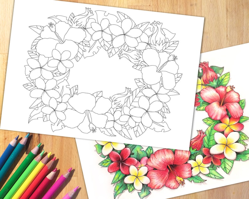 Tropical Flower Wreath Coloring Page, Hawaiian Lei Design (Printable PDF) image 1