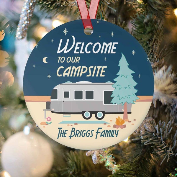 Campsite Welcome Christmas Ornament. Metal RV Camping Hanging Sign, Custom Name Gift for Airstream Owners