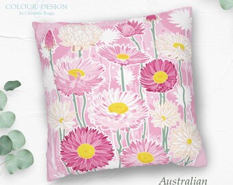 Coussin décoratif fleurs sauvages australiennes : coussin floral intemporel rose