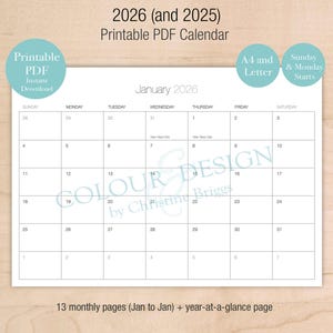 Calendario imprimible en PDF 2026. Planificador mensual anual de 13 meses para hacer uno mismo, tamaño A4 y carta, descarga instantánea en PDF, formato horizontal en caja, 2025 incluido