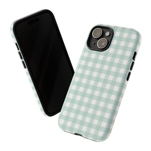Green Gingham Phone Case, Mint Plaid Print Mobile Cover image 3