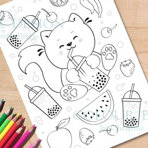 Página para colorear del gato Boba. Página para colorear de té de burbujas, hoja de actividades linda de Chibi, descarga instantánea para niños, tamaño A4 y carta de EE. UU.