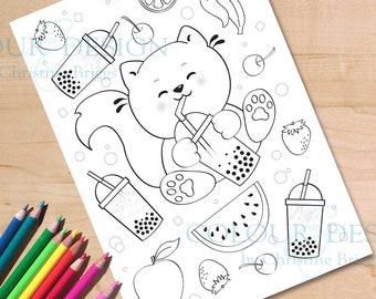 Boba Cat Printable Coloring Page. Bubble Tea Colouring Page, Cute Chibi Kitten Activity Sheet, Instant Download for Kids, A4 and US Letter