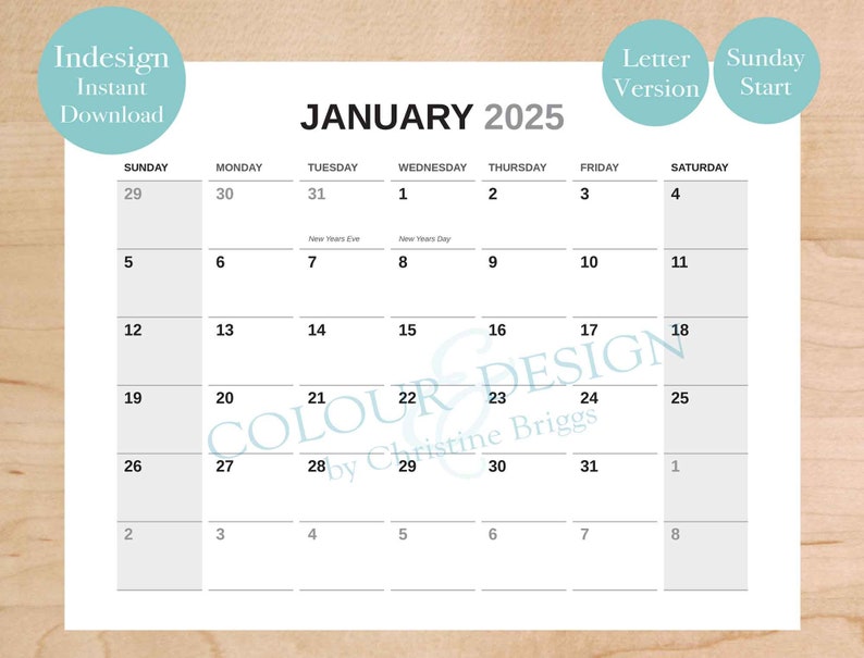 2025 Editable Indesign Calendar Template. Adobe Planner for Graphic Designers, Sunday Monday