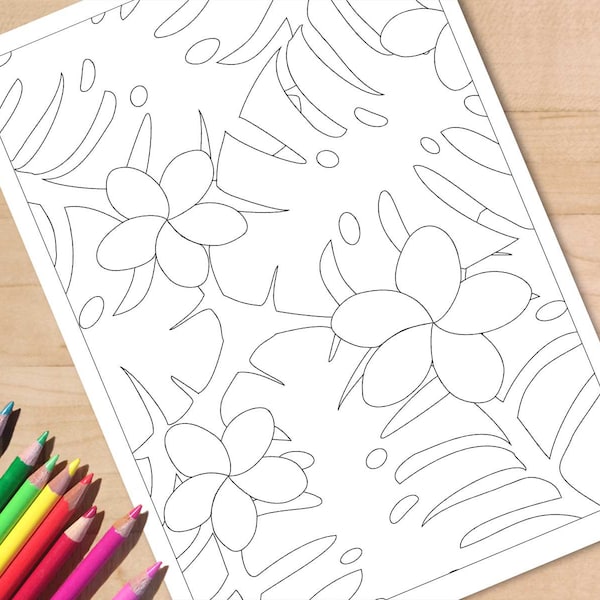 Monstera and Frangipani Coloring Page, Plant Colouring Page, Leaves, Printable Adult Coloring Page