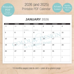 Calendario imprimible 2026, calendario de 13 meses, planificador mensual anual, tamaño A4 y carta, descarga PDF, calendario casero para hacer uno mismo, calendario personal, 2025