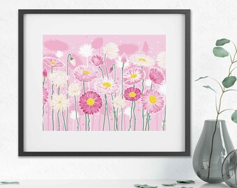 Impression de fleurs sauvages australiennes encadrée : fleurs éternelles roses, art mural floral