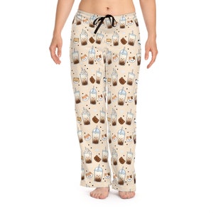 Kawaii Bubble Tea Women&#39;s Long Pajama Pants. Cute Baby Animal PJs, Boba Brown Sugar Cups Pyjama Bottoms, Lounge Pants