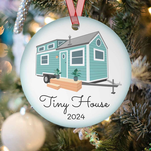 Tiny House Christmas Tree Ornament. Tiny Home Xmas Keepsake, Gift for Travel Trailer Owner, Personalized Custom RV Metal Hanging Decoration