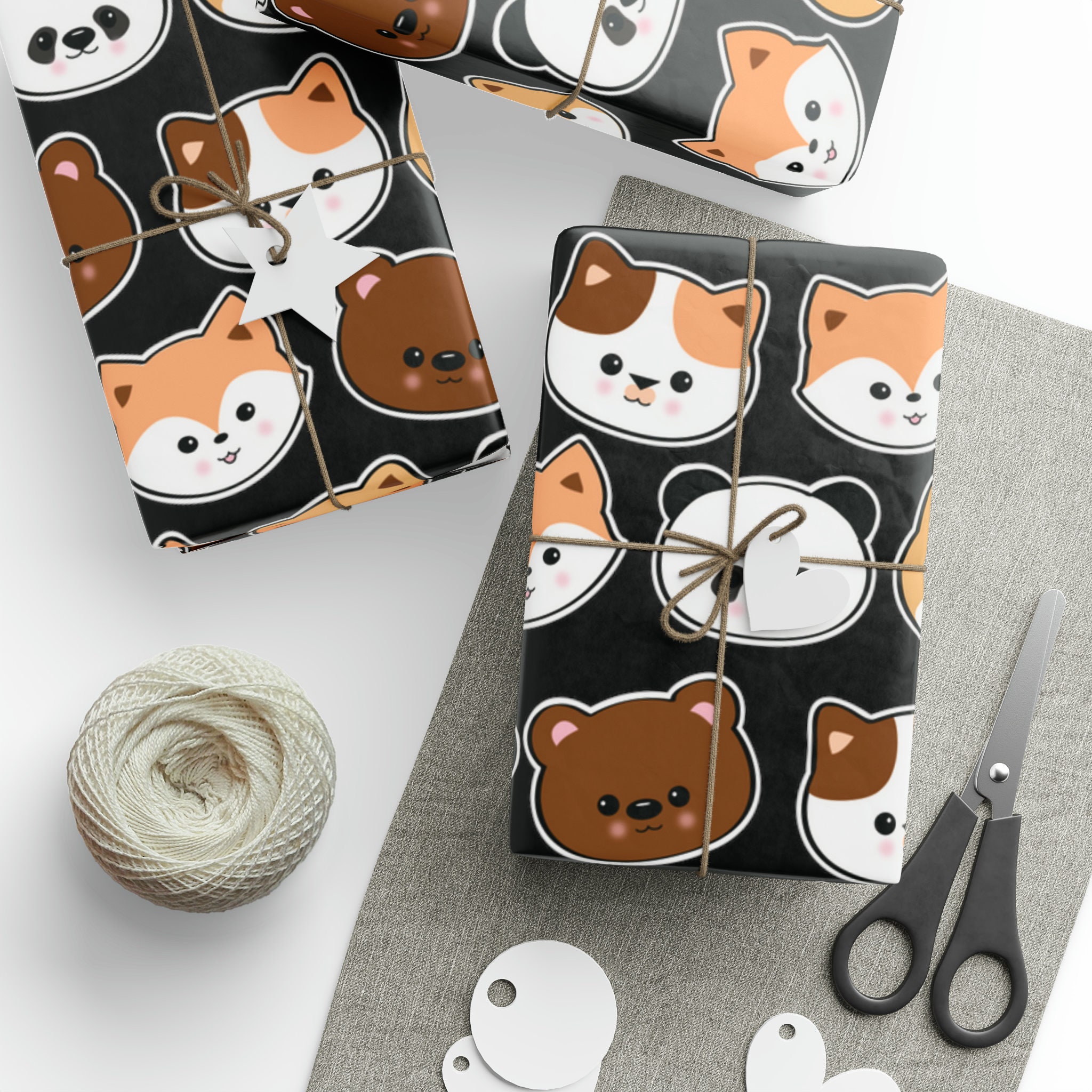 Cute Kawaii Wrapping Paper. Adorable Chibi Animals Gift Wrap Roll