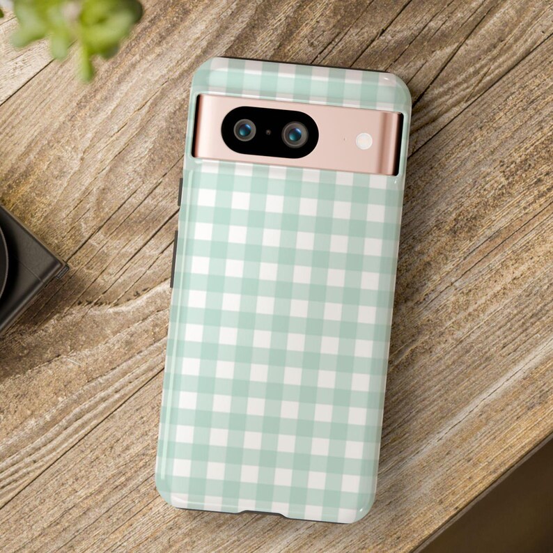 Green Gingham Phone Case, Mint Plaid Print Mobile Cover image 5