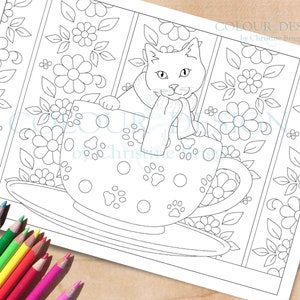 Cat in a Teacup Coloring Pages, Coffee Cat Printable, Realistic Cats Colouring Page, Fun Activity Sheet for Adults and Kids, A4 and Letter