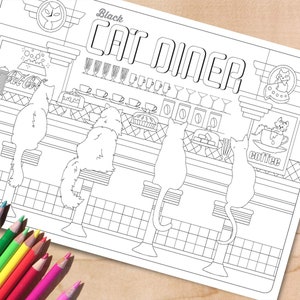 Página para colorear de gatos, página imprimible de cafetería de gatos, hoja para colorear de restaurante retro de los años 50, descarga digital de gatos divertidos, arte para amantes de los gatos, tamaño A4 y carta