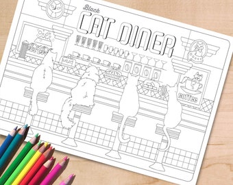 Coloriage imprimable de café de chat. Feuille à colorier pour restaurant rétro, téléchargement numérique pour les amoureux des chatons, format A4 et lettre inclus