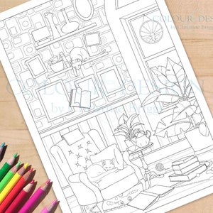 Página para colorear de gato de biblioteca, gatos y libros para imprimir, página para colorear de cafetería de gatos, decoración de interiores realista, plantas de interior para colorear, tamaño A4 y carta