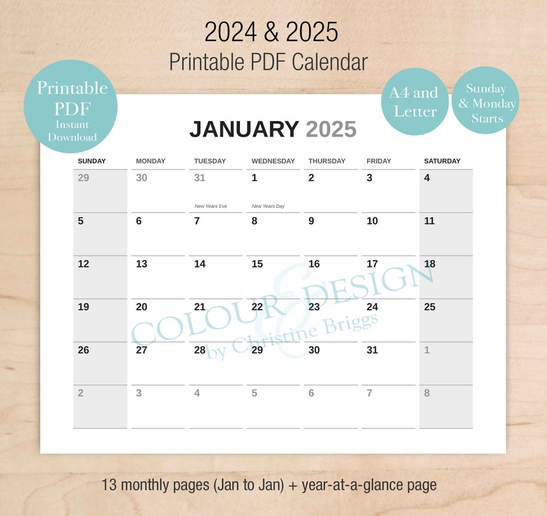 2025 Printable PDF Calendar 13 Month Planner Year at a Glance Monday