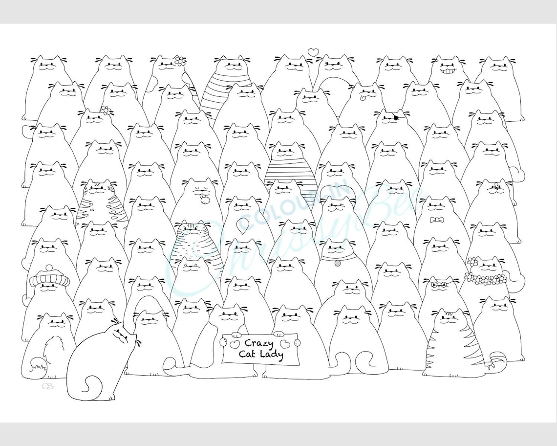 Crazy Cat Lady Coloring Page, Printable Adult Coloring Page, Cat