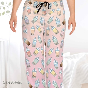 Boba Tea Pajama Pants, Kawaii Pyjama Pants, Bubble Tea Lounge Pants, Teen Girl Boba PJ Bottoms, Cute Pink Womans Sleepwear