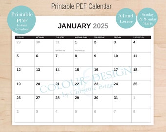 Calendrier 2025 imprimable. Calendrier de 13 mois, agenda mensuel annuel, A4 et lettre, PDF à téléchargement immédiat, calendrier 2024 imprimable inclus