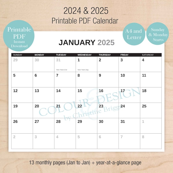 2025 Printable Calendar. 13 Month Calendar, Yearly Monthly Planner, A4 and Letter, Instant Download PDF, 2024 Printable Calendar Included