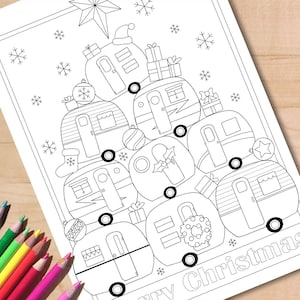 Christmas Camper Coloring Page, Printable RV Camping Colouring Page, Vintage Caravan Instant Download, Xmas Activity Sheet, A4
