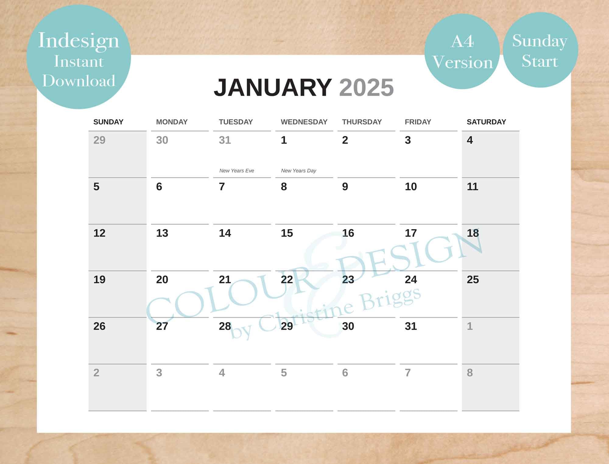 2025 Editable Indesign Calendar Template. Adobe Planner for Graphic