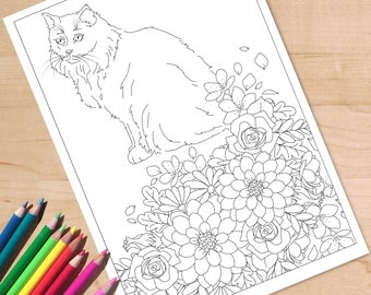 Cat and flowers Printable Coloring Page. Colouring instant download for adults