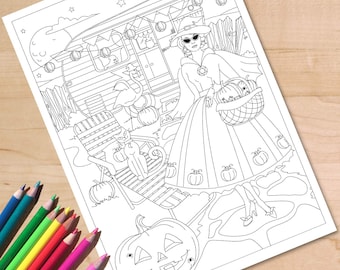 Vintage Witch Halloween Coloring Page. RV Camping Caravan Colouring Printable, Retro Trick or Treat Activity Sheet