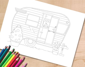 Christmas Coloring Page, Printable Adult Coloring Page, RV, Camper, Caravan