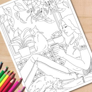 Página para colorear de gato y mujer, dibujos realistas para colorear para adultos, página imprimible de la dama de las plantas, actividades para días lluviosos, página de decoración de interiores, tamaño A4 y carta