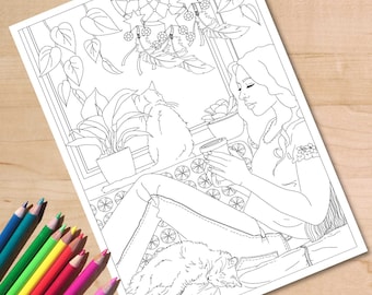 Plant Lady Coloring Page: Cats, Coffee, Dreamcatcher (A4/Letter PDF)