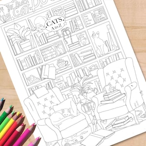 May include: A black and white colouring page featuring a bookshelf filled with books about cats. The bookshelf is in a room with two armchairs, one with a cat curled up in it. The text on the books includes "The Cat in the Rye", "Cats Behaving Badly", and "How to Cat".