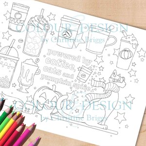 Pumpkin Spice Latte Coloring Page, Halloween Cat Printable, Coffee ...