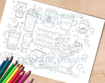 Printable Pumpkin Spice Latte and Cat Coloring Page, Coffee Colouring Sheet, Halloween Digital PDF Download