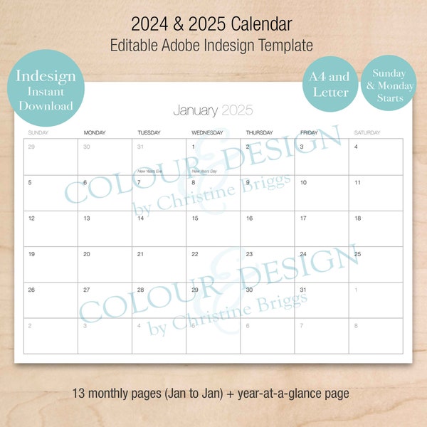 2025 Editable Indesign Calendar Template. Printable 13 Month Calendar, Year at a Glance, A4 and Letter, Slim Simple Boxed, Graphic Designer